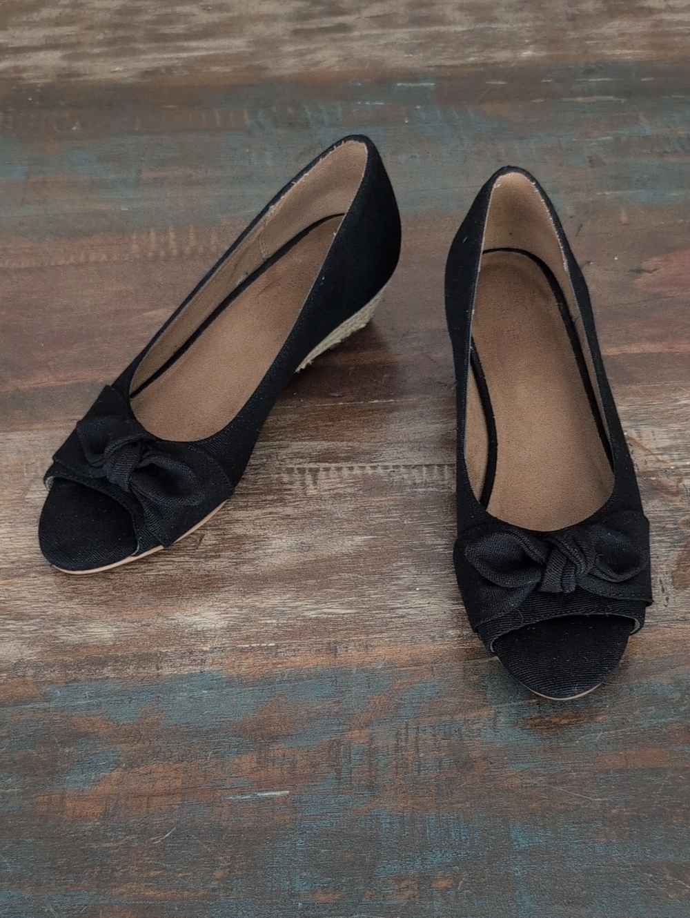Aerosoles Ship Deck Wedge Bow Peep Toe Pump Black Fabric - Women's 8